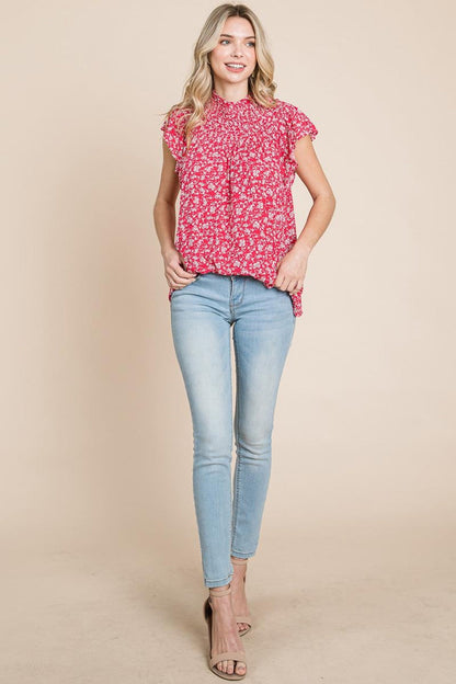 Smocked Neck Flutter Sleeve Floral Printed Tops