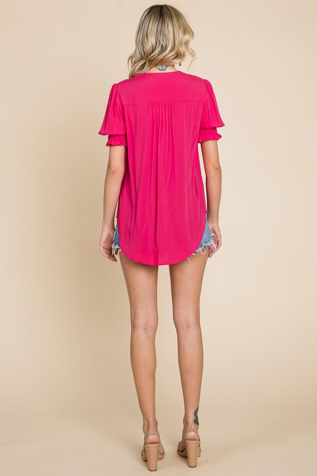 Smocked Sleeve V Neck Button Up Blouse