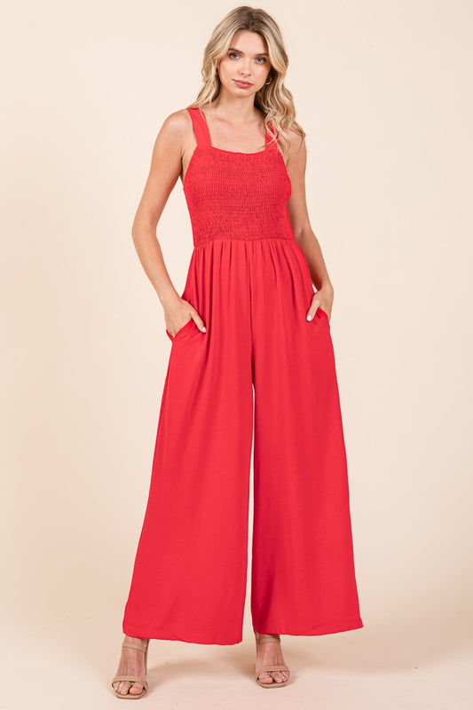 Smocked Strap Wide Leg Pleated Jumpsuit
