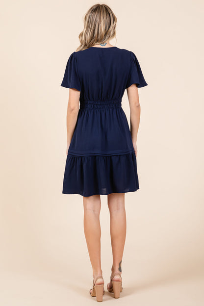 Smocked Waist V Neck Tiered Butterfly Sleeve Dress