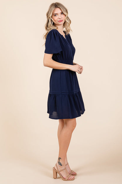 Smocked Waist V Neck Tiered Butterfly Sleeve Dress