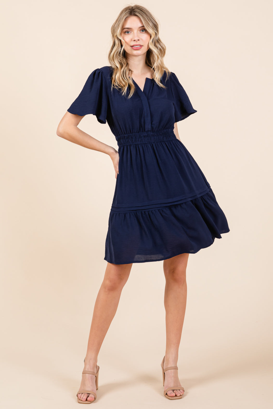 Smocked Waist V Neck Tiered Butterfly Sleeve Dress