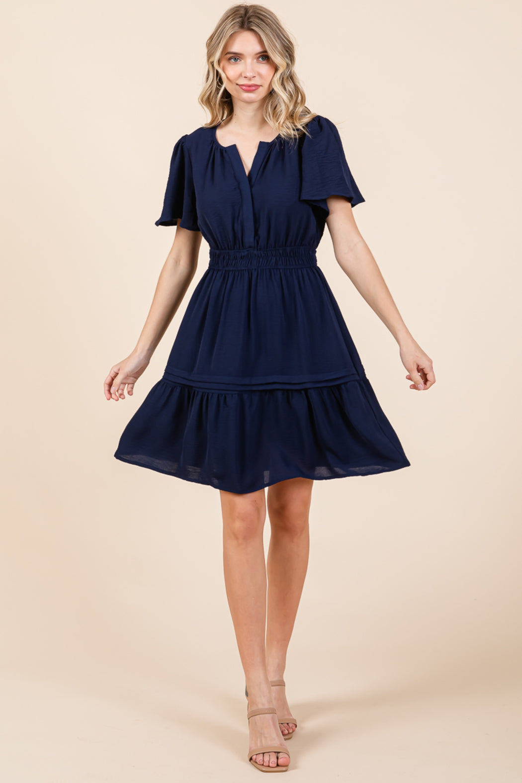 Smocked Waist V Neck Tiered Butterfly Sleeve Dress