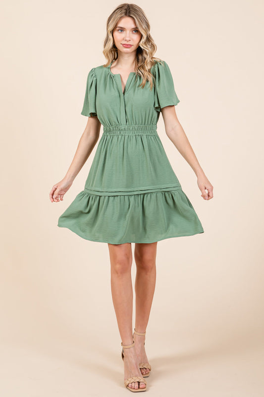 Smocked Waist V Neck Tiered Butterfly Sleeve Dress