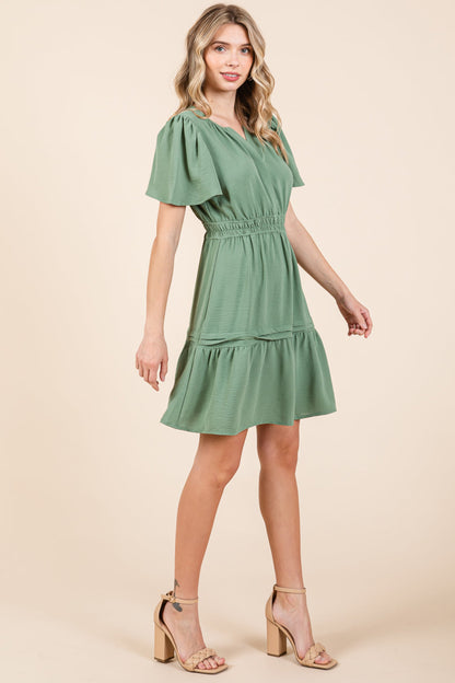 Smocked Waist V Neck Tiered Butterfly Sleeve Dress