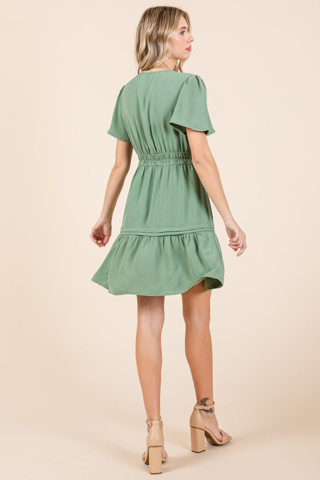 Smocked Waist V Neck Tiered Butterfly Sleeve Dress