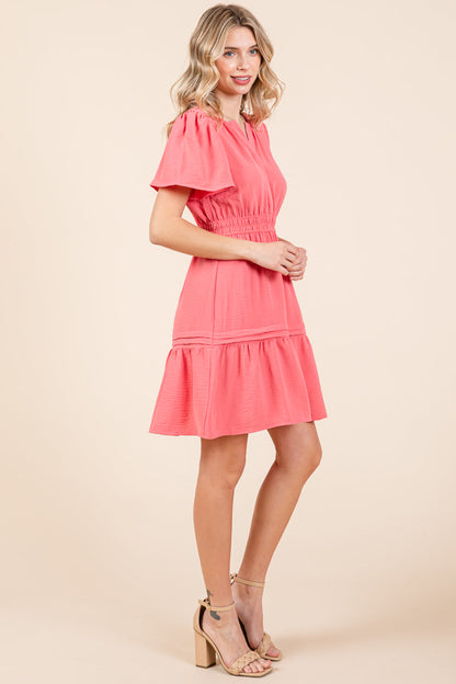 Smocked Waist V Neck Tiered Butterfly Sleeve Dress