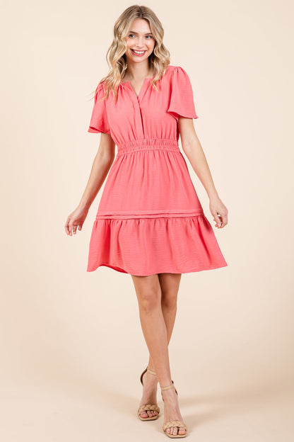 Smocked Waist V Neck Tiered Butterfly Sleeve Dress