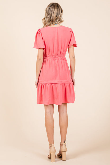 Smocked Waist V Neck Tiered Butterfly Sleeve Dress