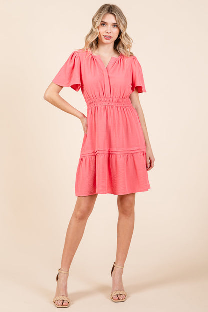 Smocked Waist V Neck Tiered Butterfly Sleeve Dress
