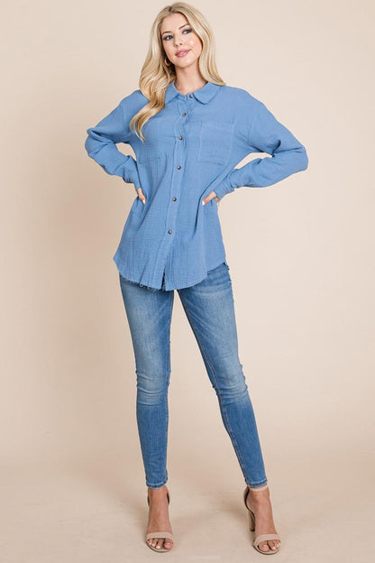 Textured Cotton Raw Edge Gauze Blouse Tops Shirts
