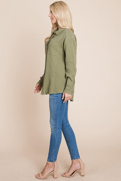 Textured Cotton Raw Edge Gauze Blouse Tops Shirts