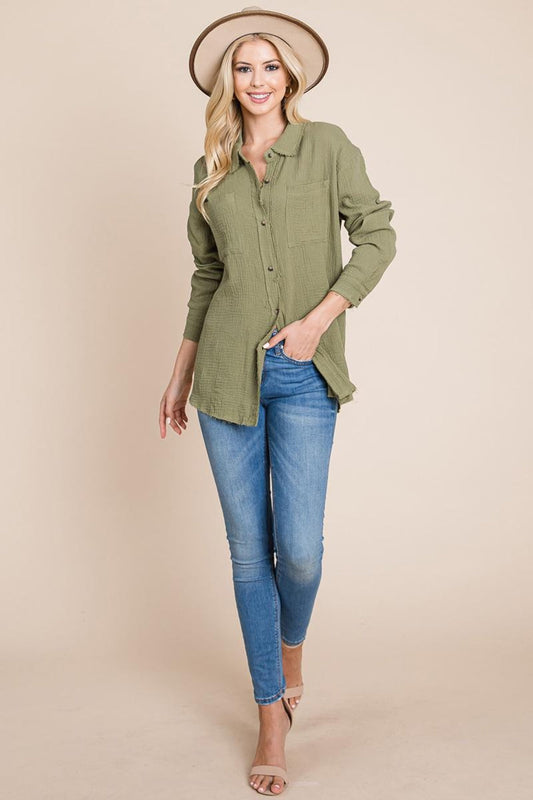 Textured Cotton Raw Edge Gauze Blouse Tops Shirts