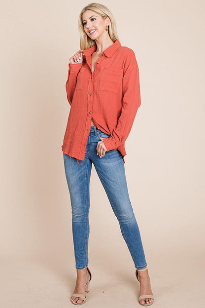 Textured Cotton Raw Edge Gauze Blouse Tops Shirts