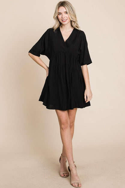Tiered Dolman Sleeve V Neck Babydoll Dress