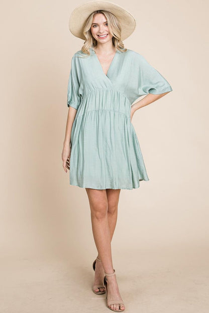 Tiered Dolman Sleeve V Neck Babydoll Dress