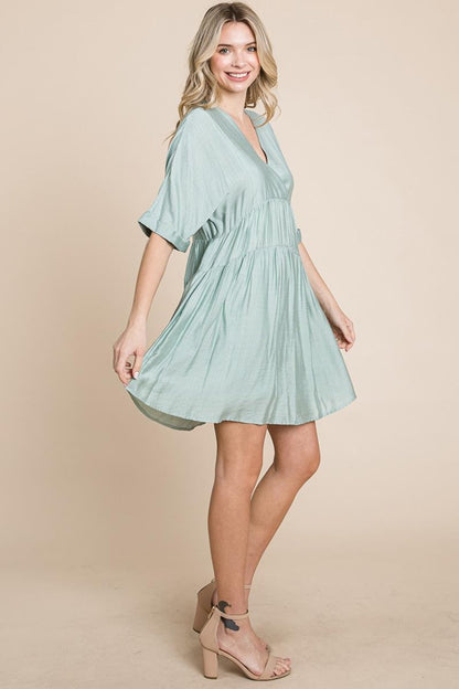 Tiered Dolman Sleeve V Neck Babydoll Dress