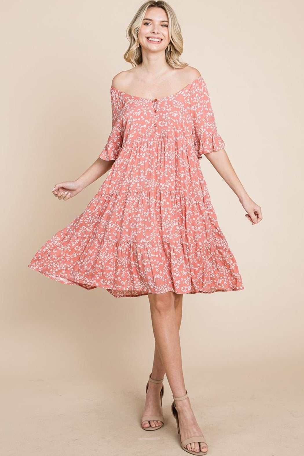 Tiered Floral Printed Flutter Short Sleeve Dress