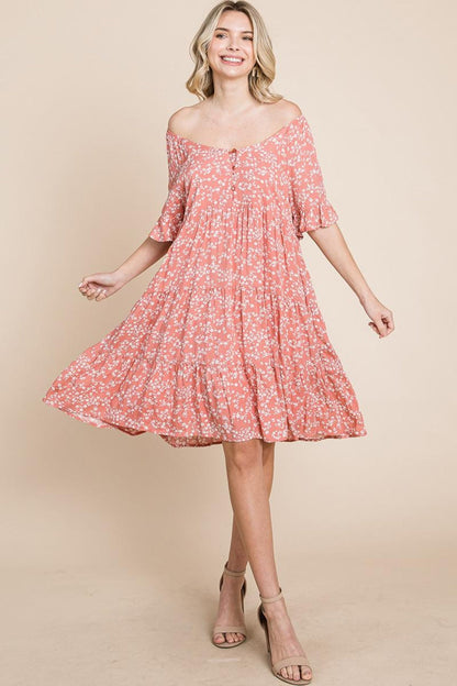 Tiered Floral Printed Flutter Short Sleeve Dress