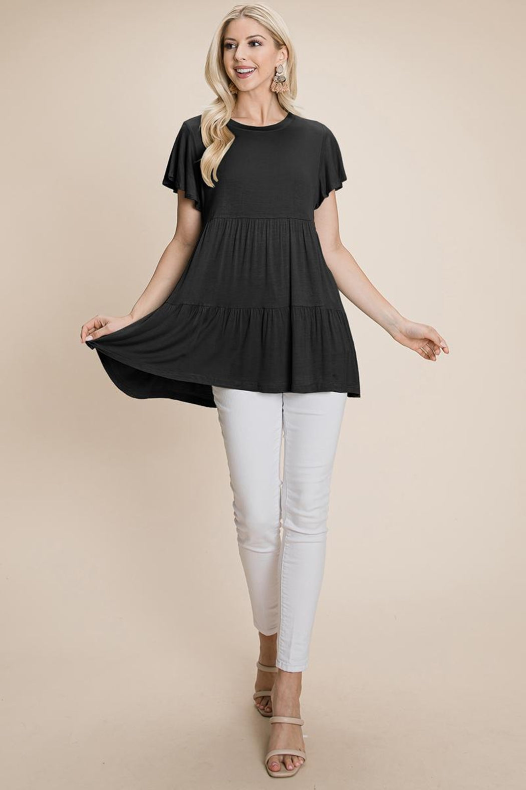Tiered Pleated Ruffle Tunic Shirt Mini Dress