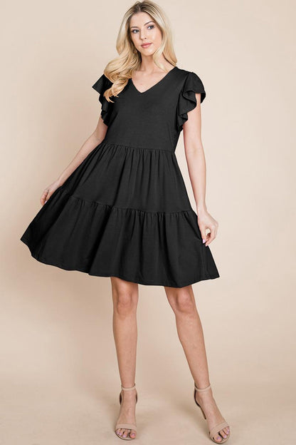 Tiered Ruffle Hem And Sleeve Cotton Dress