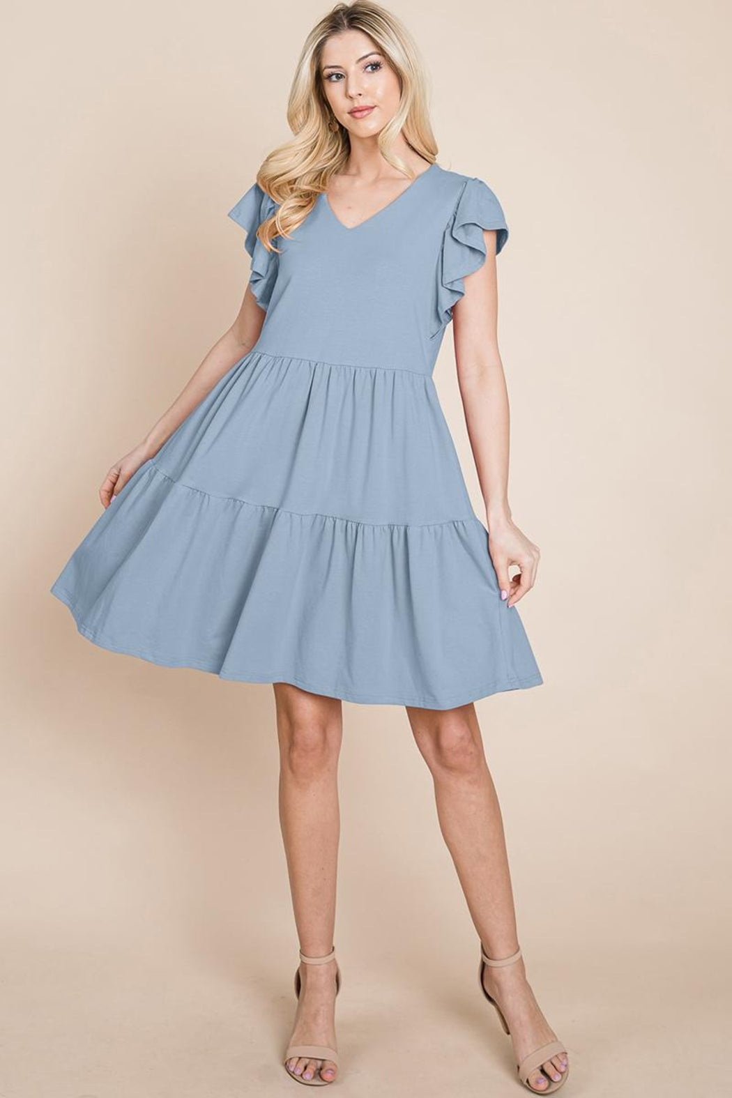 Tiered Ruffle Hem And Sleeve Cotton Dress