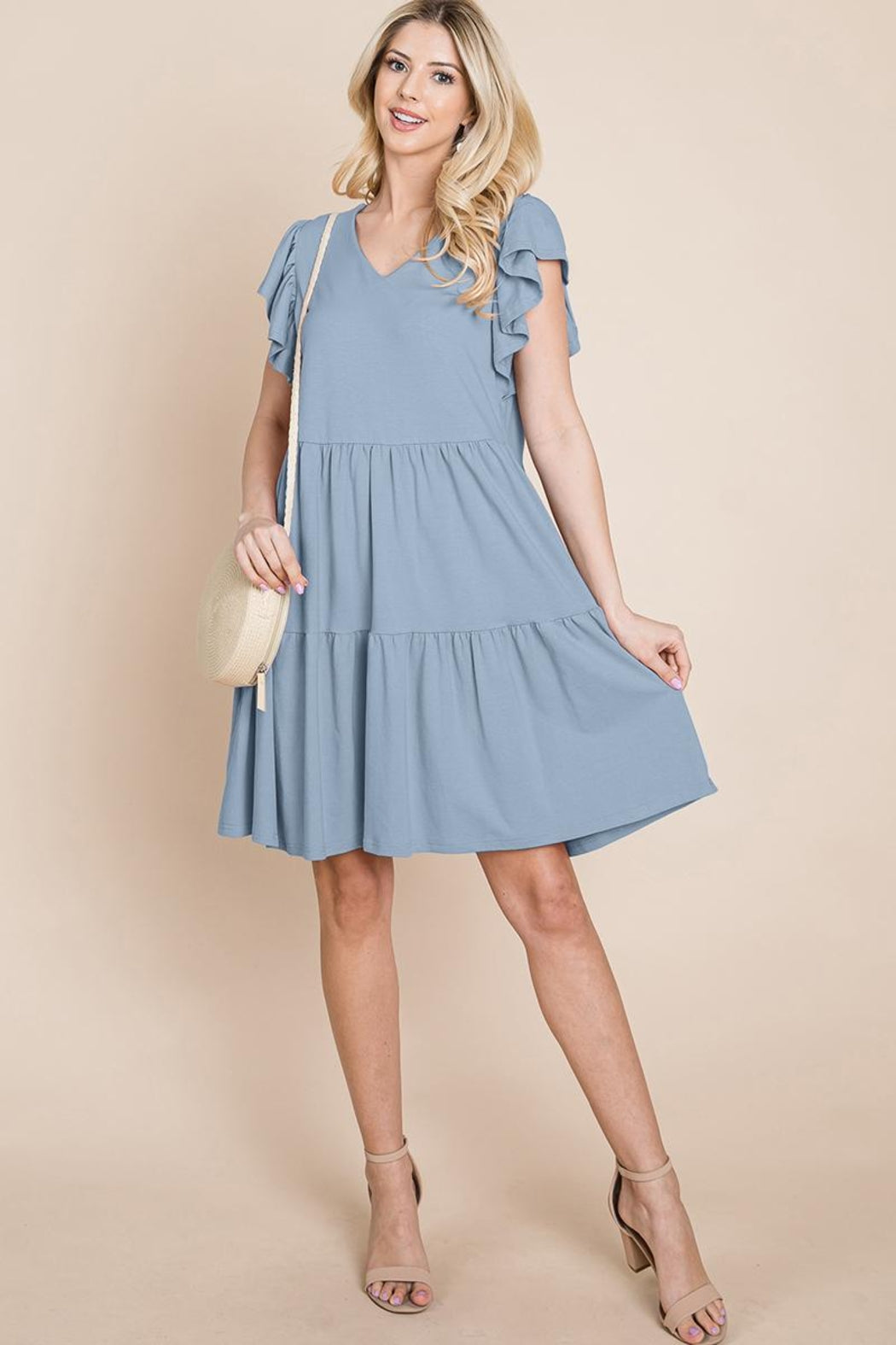 Tiered Ruffle Hem And Sleeve Cotton Dress