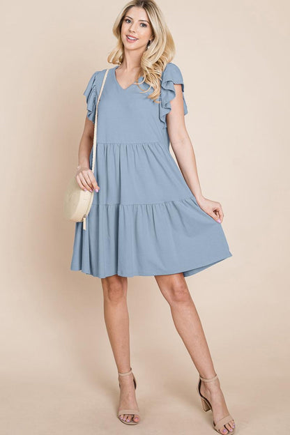 Tiered Ruffle Hem And Sleeve Cotton Dress