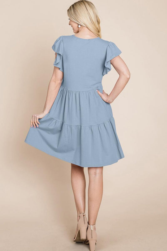 Tiered Ruffle Hem And Sleeve Cotton Dress