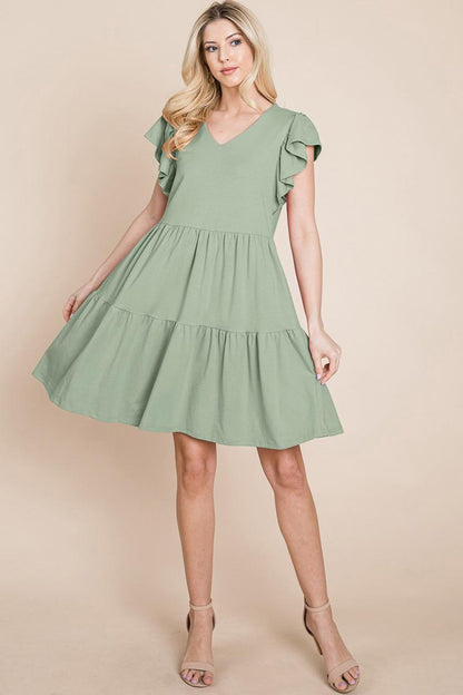 Tiered Ruffle Hem And Sleeve Cotton Dress