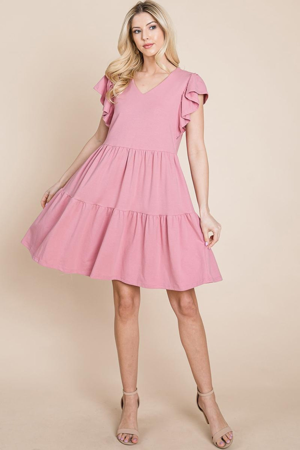 Tiered Ruffle Hem And Sleeve Cotton Dress
