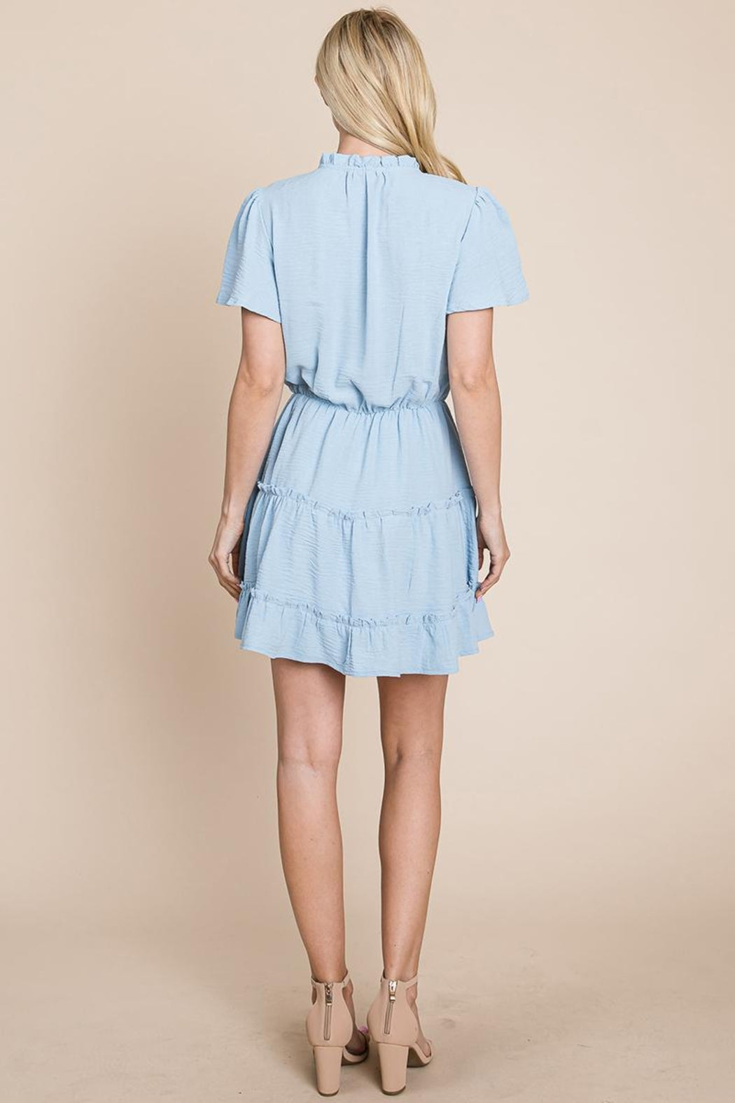 Tiered Tie V Neck Flutter Sleeve Flowy Tunic Dress