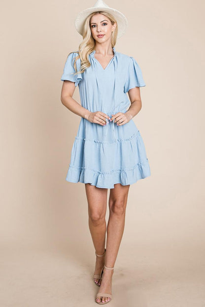 Tiered Tie V Neck Flutter Sleeve Flowy Tunic Dress