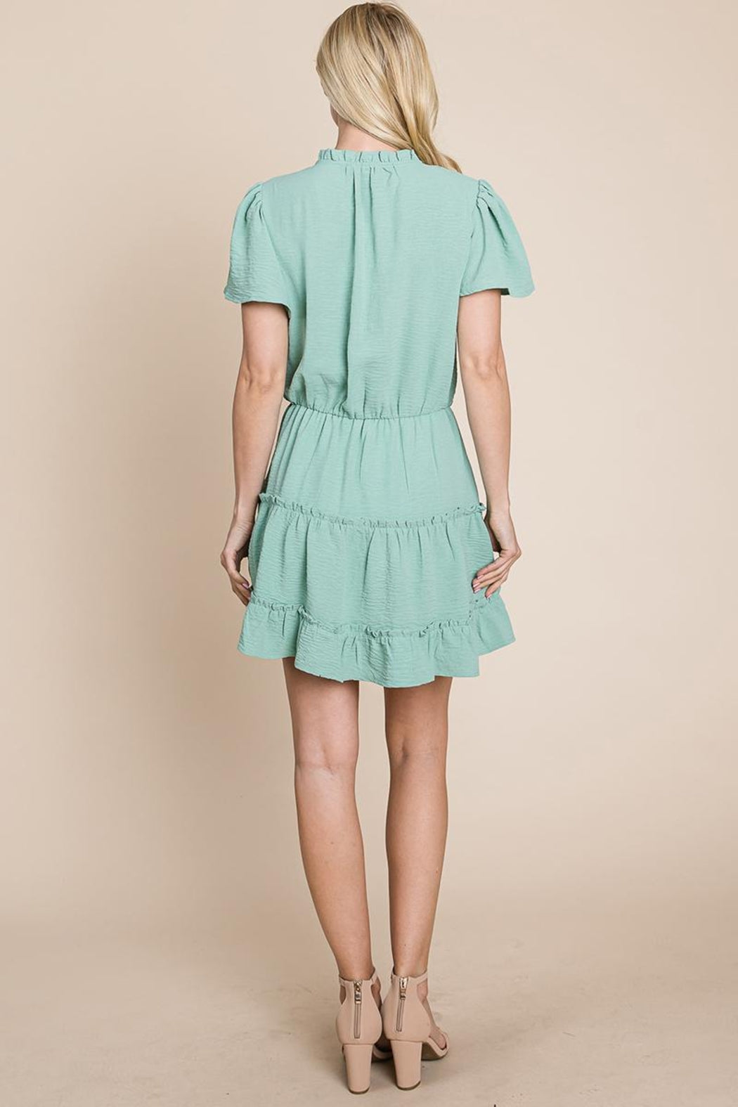 Tiered Tie V Neck Flutter Sleeve Flowy Tunic Dress