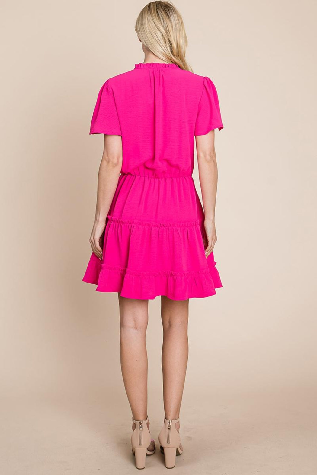 Tiered Tie V Neck Flutter Sleeve Flowy Tunic Dress
