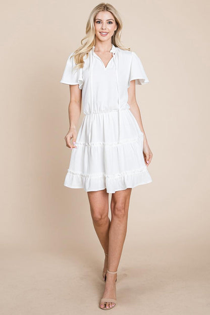 Tiered Tie V Neck Flutter Sleeve Flowy Tunic Dress