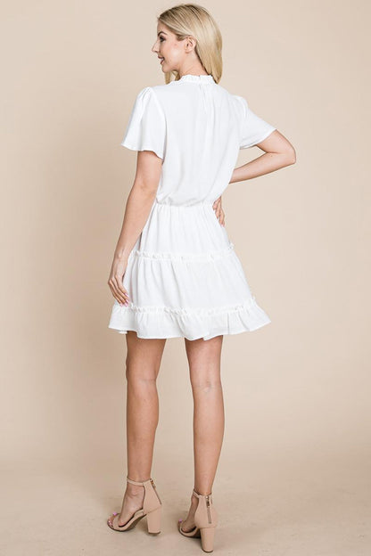 Tiered Tie V Neck Flutter Sleeve Flowy Tunic Dress