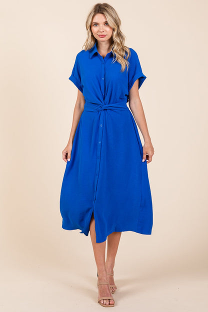 Twist Front Smocked Button Down Midi Shirt Dress
