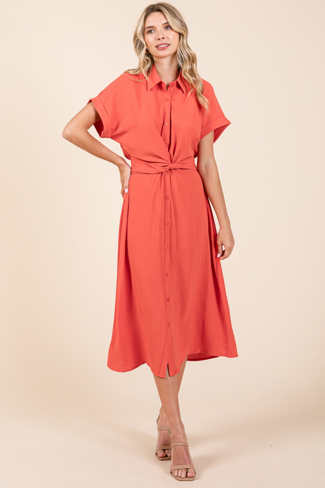 Twist Front Smocked Button Down Midi Shirt Dress