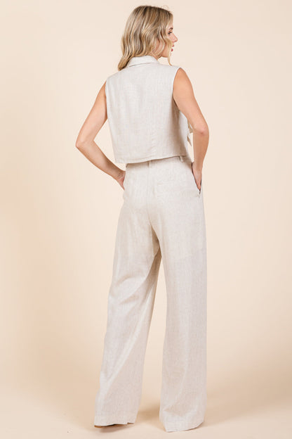 Two Piece Linen Ruffled Top And Wide Leg Pants Set