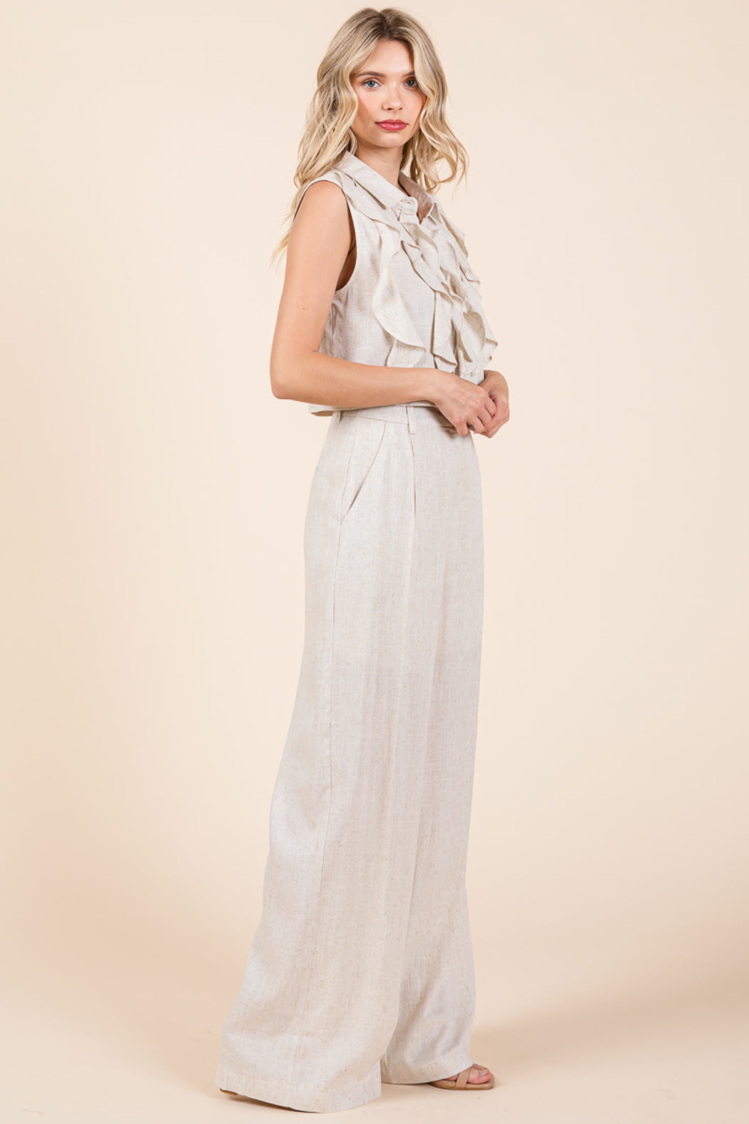 Two Piece Linen Ruffled Top And Wide Leg Pants Set