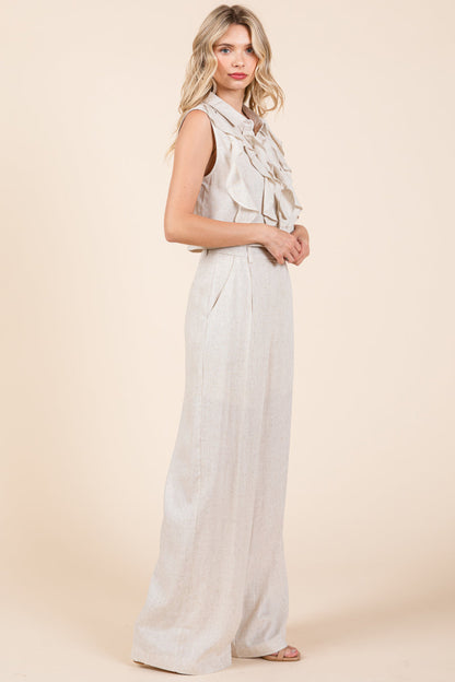 Two Piece Linen Ruffled Top And Wide Leg Pants Set