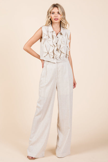 Two Piece Linen Ruffled Top And Wide Leg Pants Set