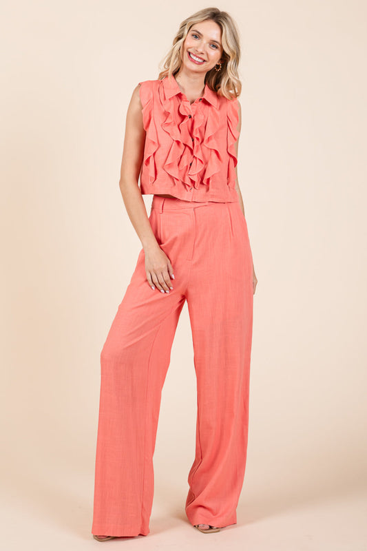 Two Piece Linen Ruffled Top And Wide Leg Pants Set