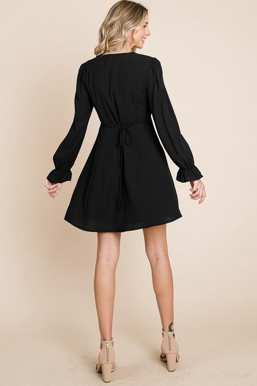 V Neck Button Down Long Sleeve Dress