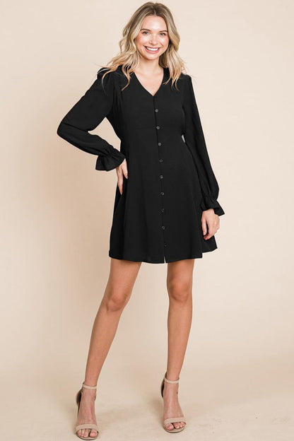 V Neck Button Down Long Sleeve Dress