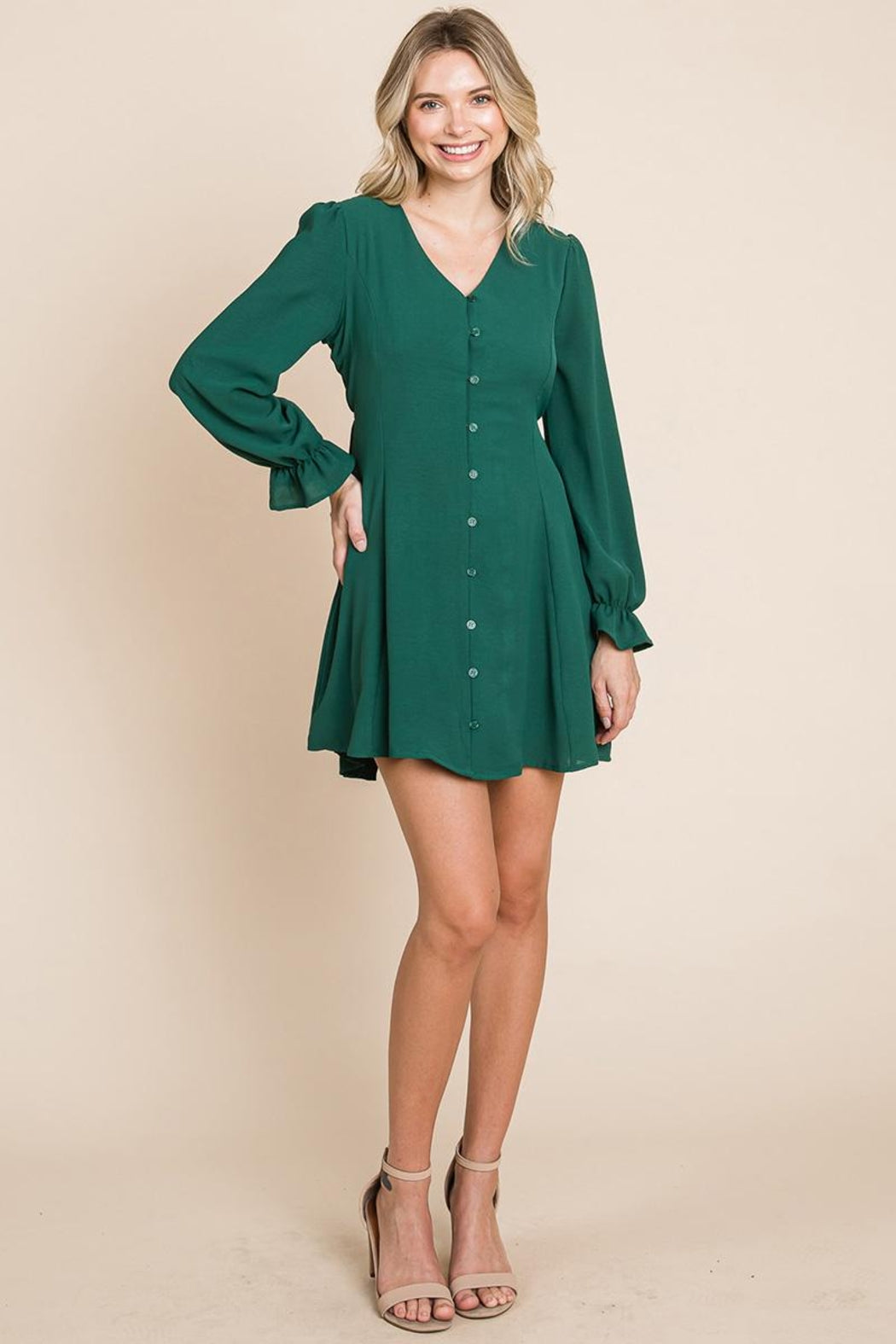 V Neck Button Down Long Sleeve Dress