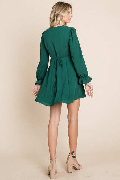 V Neck Button Down Long Sleeve Dress