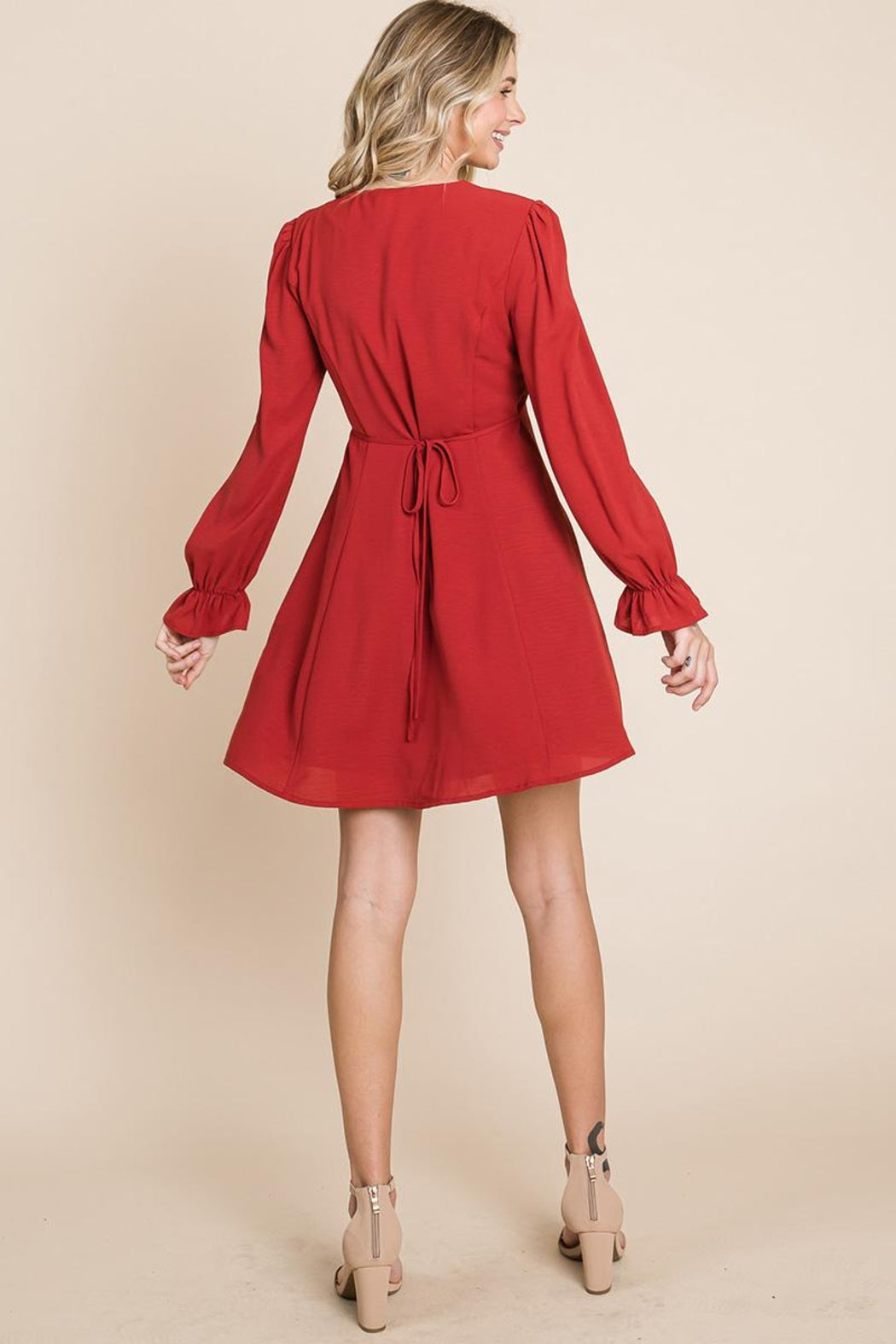 V Neck Button Down Long Sleeve Dress