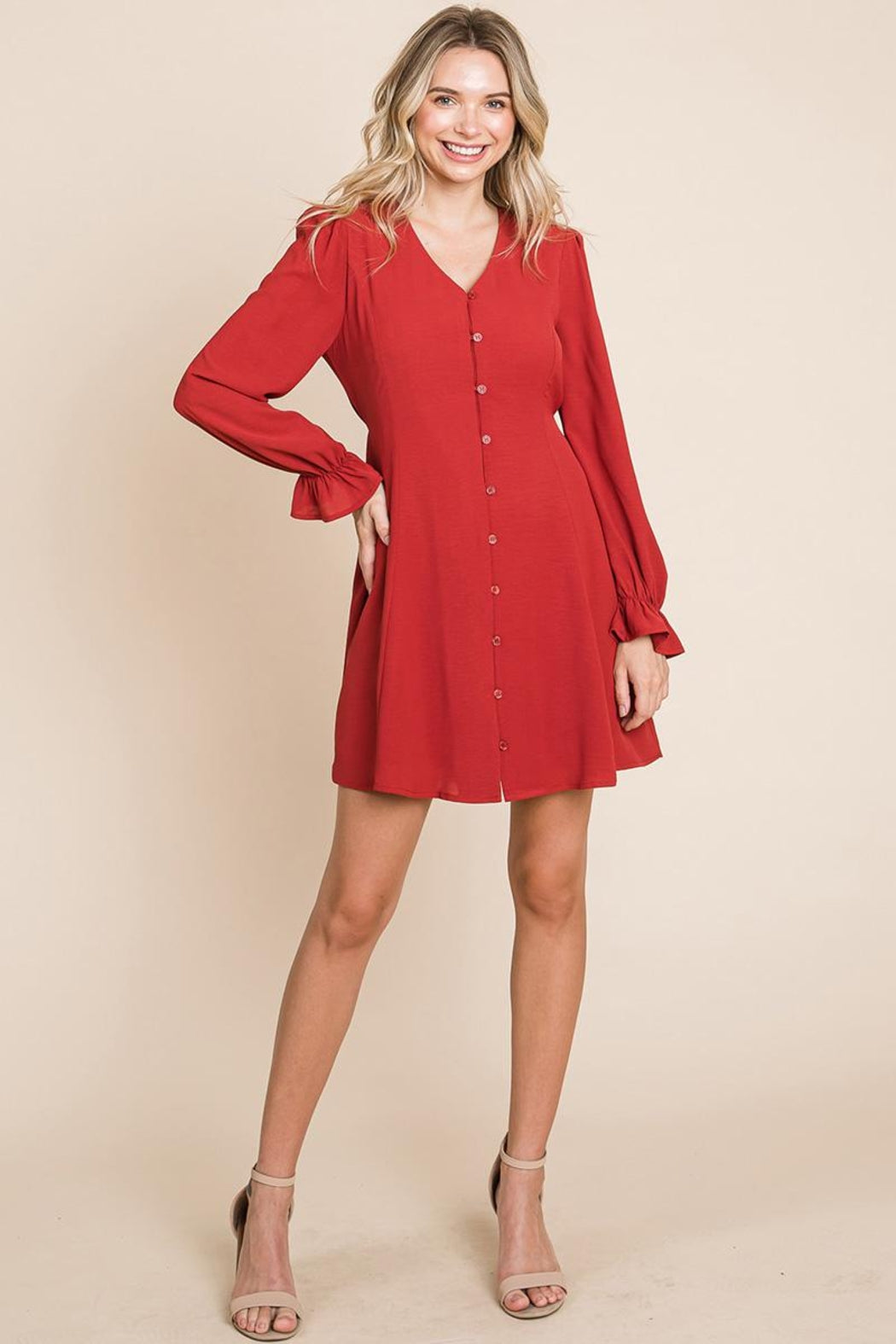 V Neck Button Down Long Sleeve Dress